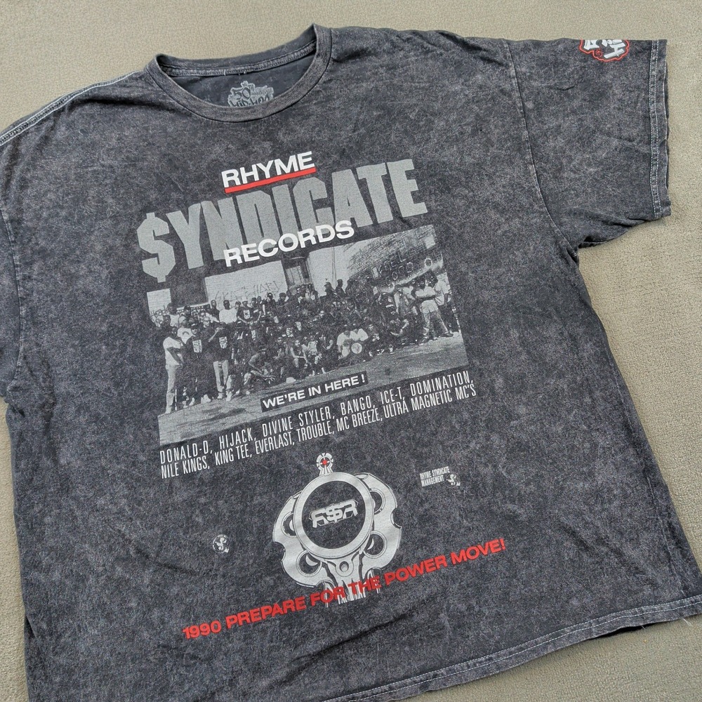 Rhyme Syndicate Records T-Shirt L Mens Black Acid Wash Hip Hop 50th Anniversary